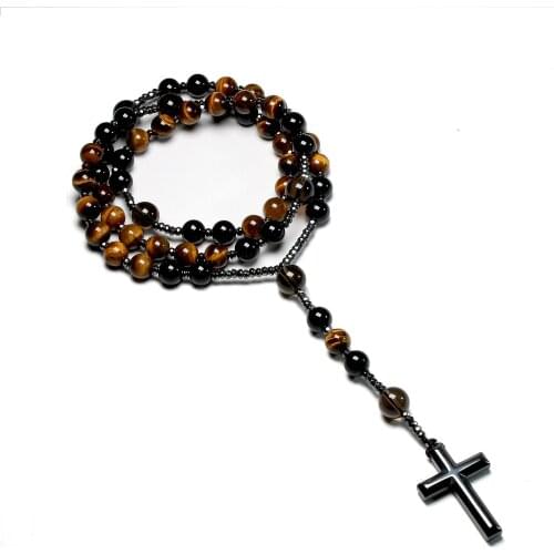 Natural Smoky Quartz And Tiger Eye Stone Catholic Christ Rosary Necklaces Hematite Cross Pendant Men Necklace Meditation Jewelry