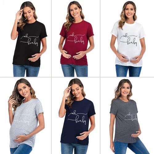 2020 New Summer Women Pregnancy Clothes Oh Baby Printed Maternity Short Sleeve Tee Shirt Solid Top for Pregnant Women Plus Size