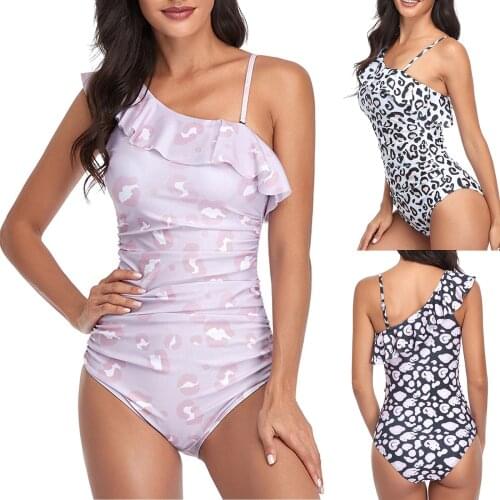 New Leopard Print One-Shoulder Swimsuit Womens One-Piece Swimsuit Push-Up Swimsuit Sexy Ruffled Beach Fashion Women Swimsu