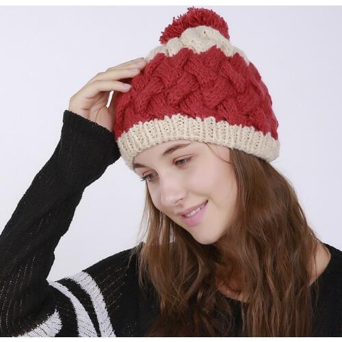 Mingjiebihuo Autumn and winter new fashion double color stitching wool hats handmade large wool ball knitted warm women hat