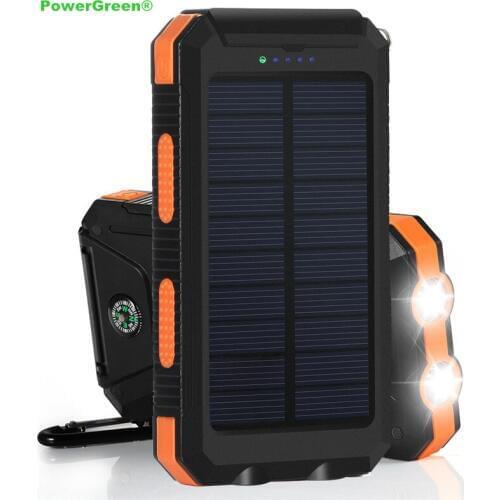 PowerGreen Solar Power Battery Bank 10000mAh Water-resistant Solar Charger Mini Solar Panel Cell for Mobile Phone with LED Light
