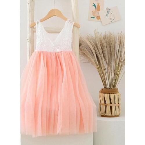 Retail New 2021 Summer Baby Girls Lace V-back Dress , Girls Princess Sweet Flower Clothes 2-8T