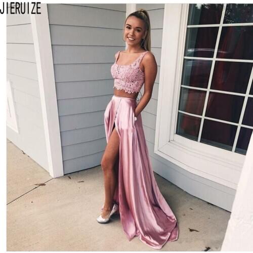 JIERUIZE Pink Lace Evening Dresses Spaghetti Strap Backless High Slit Pockets Two Pieces Prom Gown Formal Dresses robe de soiree