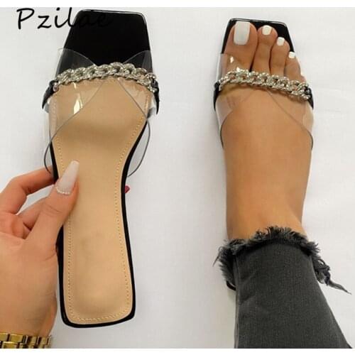 Pzilae New Fashion Chain Women Slippers Summer Peep Toe High Heels Ladies Shoes Metal Heel PVC Slides Woman Party Shoes Black