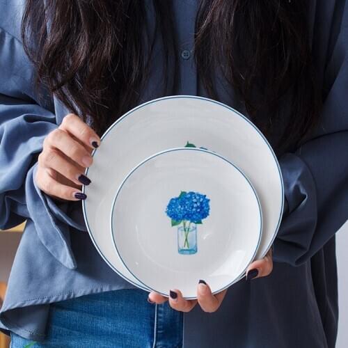 Blue Bouquet Round Ceramic Plate Glaze Floral Porcelain Dinner Plate Household Steak Dessert Salad Tray Fruit Snack Dish Plate