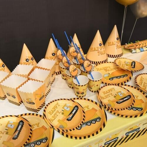 Construction Vehicle Excavator Tableware Plates Balloons Happy Birthday Party Banner Letter Flag Cake Topper Baby Shower Decor