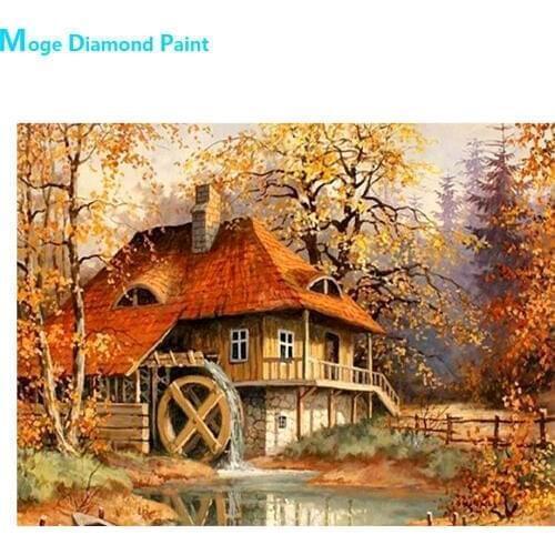 Waterwheel House Scenic Diamond Painting Full Round New DIY Sticking Drill Cross Stitch 5D Embroidery Simple Decorative
