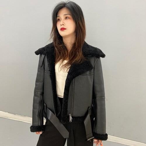 Sheep Fur Coat Women Natural Sheepskin Jacket 2021 New Fashion Cropped Biker Jacket High Quality Overcoat Free Shipping