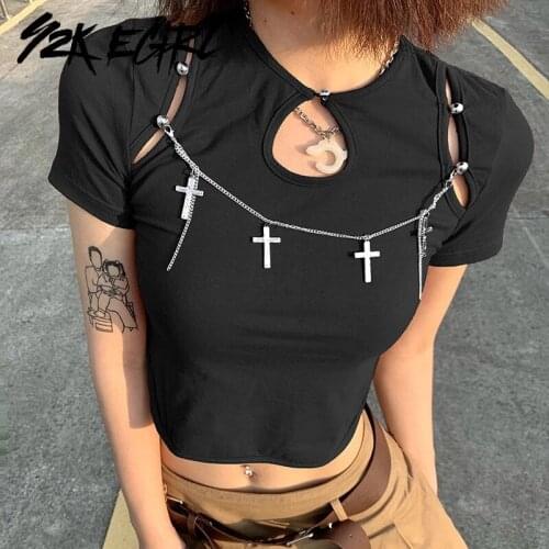 Womens Y2K Aestheticsc 90s Hollow Out Chain Crop Tops O-neck Short Sleeve Slim Fit T-shirts E-girl Baby Tees Top Streetwear