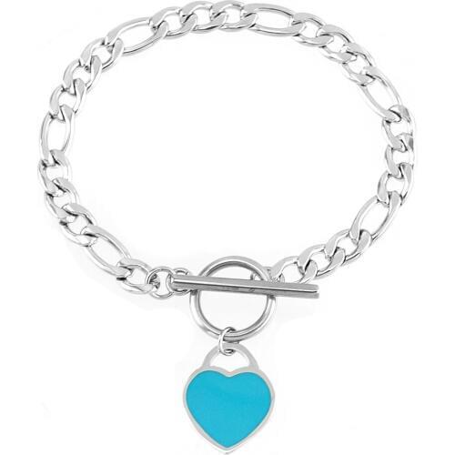 Women Bracelets Figaro Chain with Heart pendant Round Charms Toggle clasps bracelet bangle Stainless steel Jewelry gift 1pcs