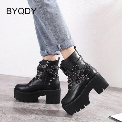 BYQDY 2021 Autumn Gothic Ankle Boots For Women Round Toe Platform Chains Rivets Female Short Boots EVA High Heels Ladies Shoes