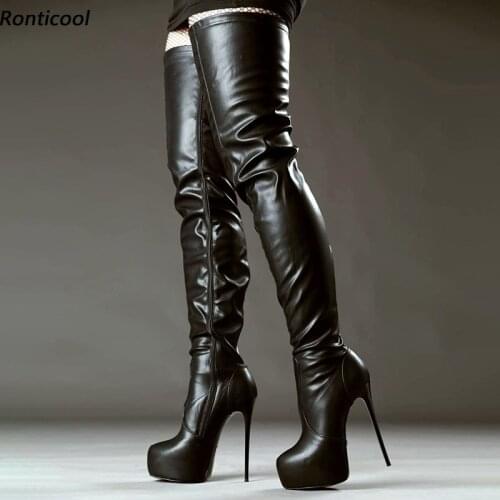 Ronticool Italian Style Women Winter Platform Thigh Boots Zipper Stiletto Heels Round Toe Black Club Shoes Size 35 43 45 47 52
