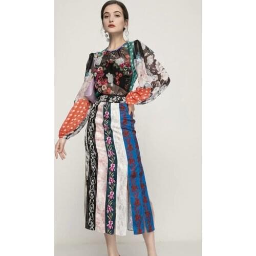 Designer New WomenS Suits Dot Flower Print Chiffon Shirt And Fringe Irregular Color Matching Skirt Vintage Elegant 2 Piece Set