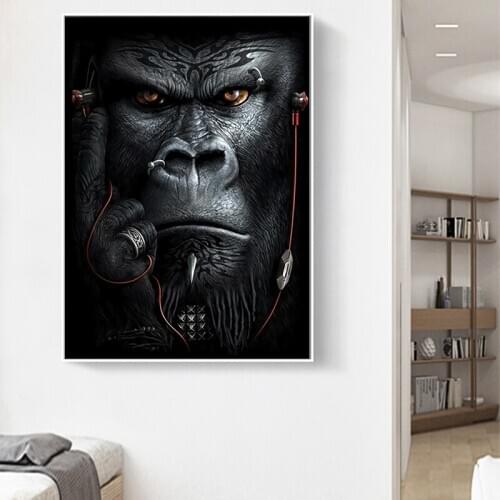 Apes and Monkeys Listening To Music Wall Art Posters and Prints Abstract Animals Canvas Paintings Nordic Picture for Living Room