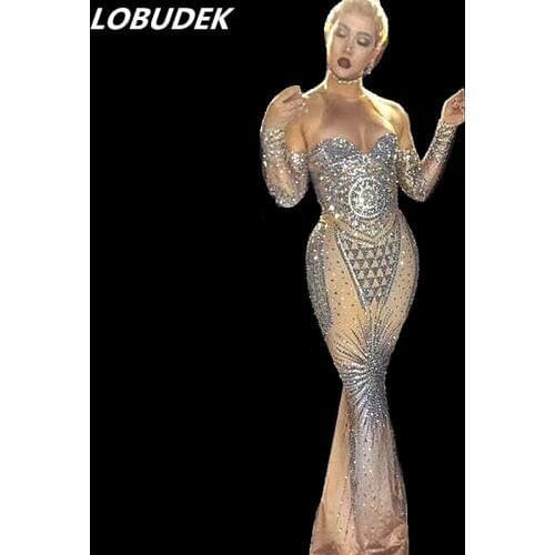 2018 Silvery Rhinestones Stretch Skinny Long Dress Nightclub DJ Female Singer Stage Outfit Party Celebration Performance Costume