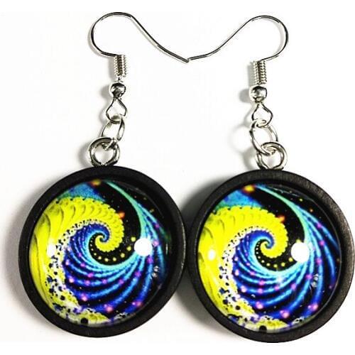 24pairs(Mixed style) Log Black Wood Tray Cabochon with Colored Waves Buddhism Glass Cabochon Bohemian Retro Style Drop Earrings