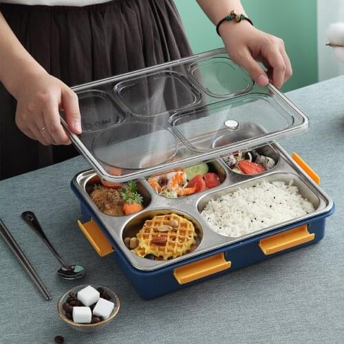 5 Grids Insulation Lunch Box 304 Stainless Steel Square Food Bento Eco-Friendly Lunch Container with Dinnerware Large Capacity