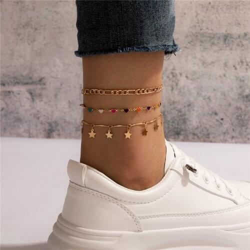 HI MAN 3Pcs/Set Bohemian Mixed Multi-Color Heart Star Anklet Women Creative Temperament Anniversary Party Jewelry