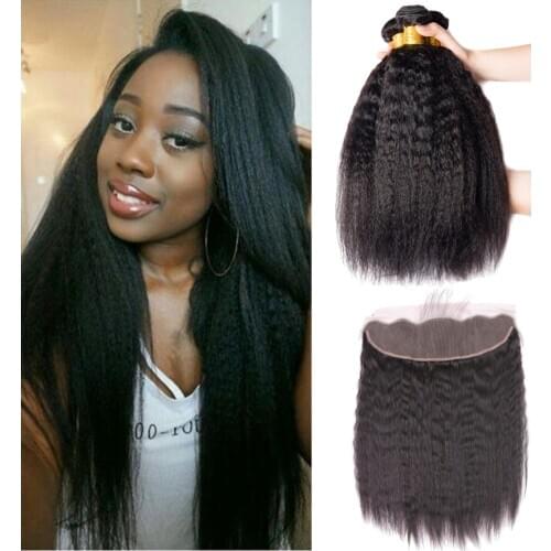 Brazilian Hair Weave Bundles With Frontal Kinky Straight Hair Yaki Human Hair Bundles With Frontal Kinky Bundles With Frontal