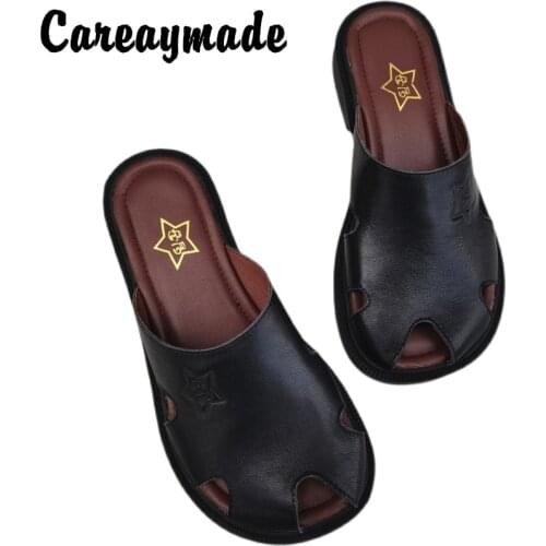 Careaymade-Genuine Leather big shoes wide version sandals womens pure original leather single soft sole turtle Baotou slippers