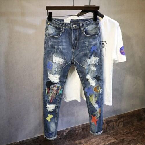 Streetwear Fashion Men Jeans Elastic Slim Fit Destroyed Ripped Jeans Men Embroidery Patches Designer Hip Hop Denim Punk Pants