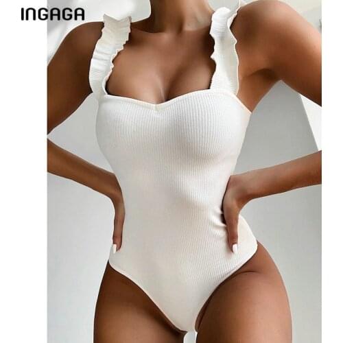 INGAGA Sexy High Cut One Piece Swimsuit Push Up Bodysuit Ruffle Strap Swimwear Women 2021 Bathing Suit Summer New Red Beachwear
