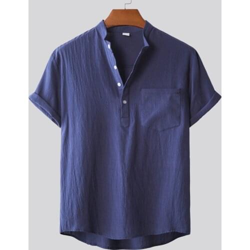 Summer Mens Vintage Linen Solid Colors Masculina Camisa Short Sleeve Casual V-Neck Shirts Slim Fit Tops Blouse Homme Chemise#35