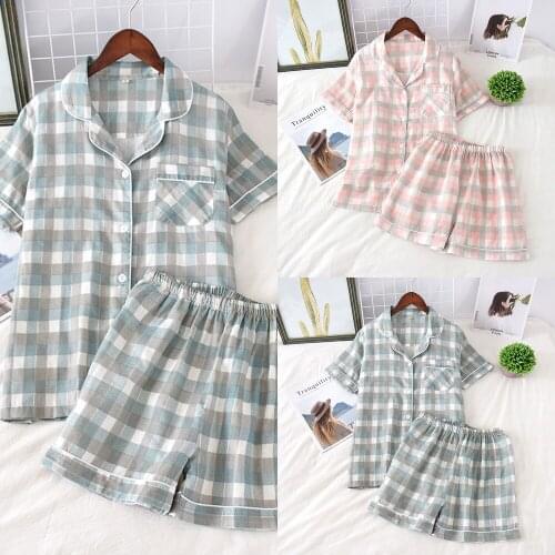 Summer Style Ladies Plaid Pajamas Cotton Gauze Short-sleeved Trousers Mens Casual Home Service Suit Couple Short-sleeved Shorts
