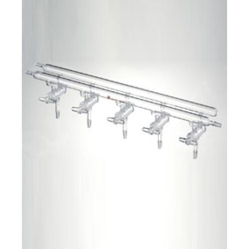 M260004 Manifold, High vacuum solid glass stopcocks, Number of ports:4 Overall width:450mm front-left-right & rear-left