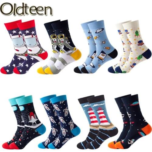 Fashion Business Combed Cotton Men Socks Unisex Hip Hop Woman Harajuku Universe Planet Creative Art Pattern Happy Socks Male