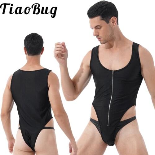 Mens Zipper Front Sleeveless Slim Fitted Leotard U Neck High Cut Skinny Catsuit Sport Gym Fitness Workout Sexy Bodycon Jumpsuits