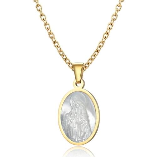 New Arrival Golden Chain Virgin Mary Queen Christian Jesus Pendant Necklace Man Unix Women Oval Shell Stainless Steel Jewelry