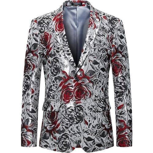 New Style Slim Fit Mens Blazer Jackets Silver Floral Printing Blazer Man Hip Hop Stage Blazer Male Casual Blazer Masculino