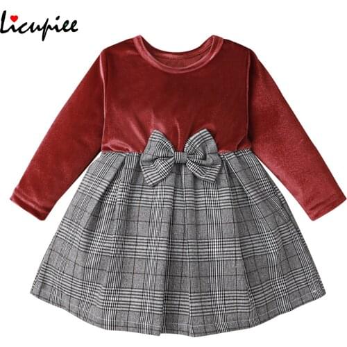 Baby Girl\ Causal Long-sleeved Dress Fashion Plaid Stitching Bowknot Round Neck Children Princess Dress
