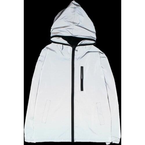 Dropshipping!! Hooded Fluorescent Men Windbreaker Casual Reflective Hip Hop Jacket Coat Male Clothing