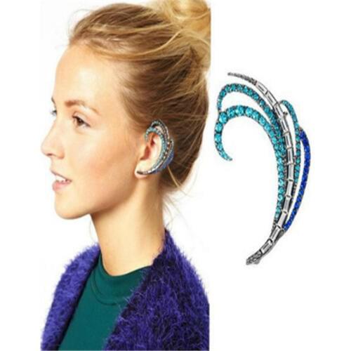 1PCS New Arrival Fashion High Quality Blue Gold Feather Crystal Stud Earrings Ear Clip Piercings Ear Cuff Women Fashion Jewelry