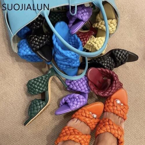 SUOJIALUN Brand Design Ladies Slipper Women Handmade Weave Open Toe Slip On Slides Thin Heels Party Dress Sandal Big Size 35-42