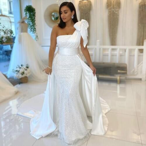 Shwaepepty Sparkly White Sequin Mermaid Wedding Dress For Bride Women One Shoulder Long Train Bow Bridal Gowns Reception Dresses