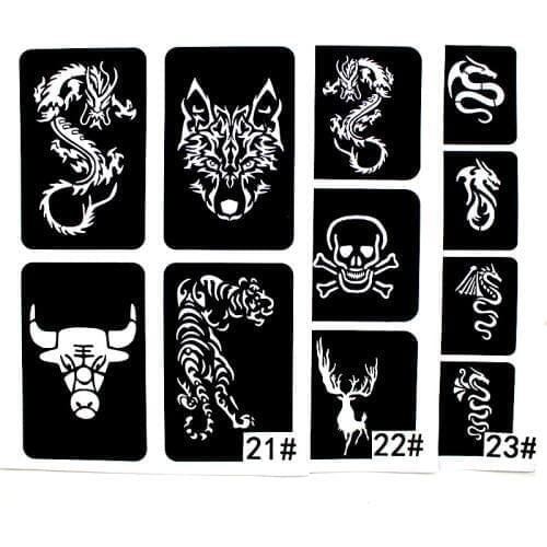 22PCS/Lot Glitter Tattoo Stencil Cool Drawing Templates For Men Wolf Dragon Tiger Skull Animal Airbrush Henna Tattoo Stencils