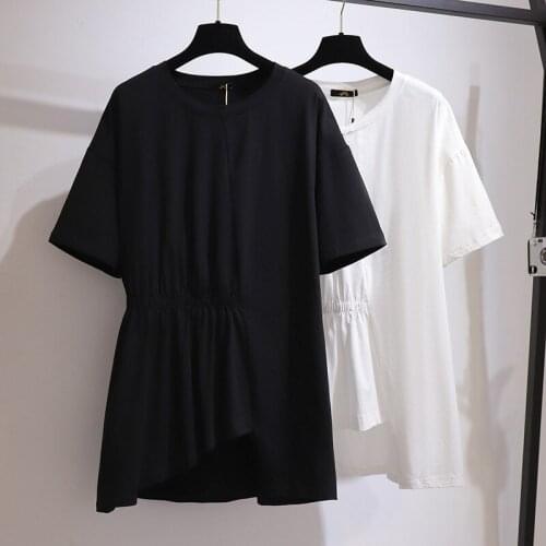 150Kg Plus Size Womens Bust 157cm Loose Round Neck Pleated T-shirt Summer Korean Short Sleeve Casual Female Tops 2XL-6XL