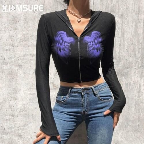 IAMSURE Streetwear Wings Printed Hoodies Autumn Casual Long Sleeve Hooded Cropped Coats Women 2021 Longg Sleeve Zipper Fly Tops