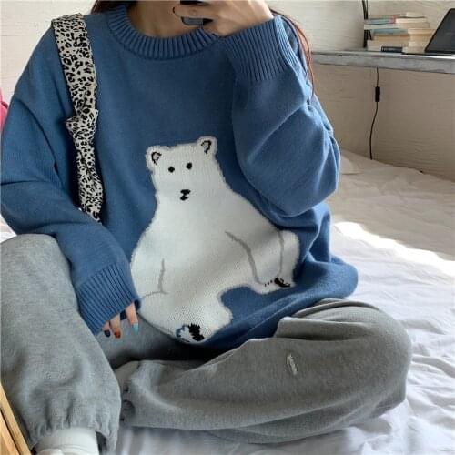 Round Neck Loose Cute Bear Print Retro Sweater Women 2021 New Autumn Winter Thickened Lazy Knit Long Sleeve Sweater