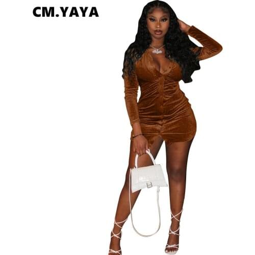 CM.YAYA Women Velvet Buton Up Long Sleeve Bodycon Midi Mini Dress INS Sexy Party Autumn Winter Streetwear Pencil Dresses