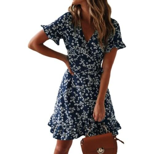 2021 Summer Womens New Printed Casual Dress Short-sleeved Bohemian A-Line Skirt Flare Sleeve Above Knee,Mini
