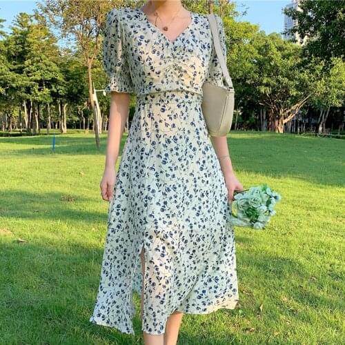 French Vintage Floral Print Summer Midi Dress for Women 2021 Cottagecore Korean Fashion Elegant Split V-neck Puff Sleeve Dress