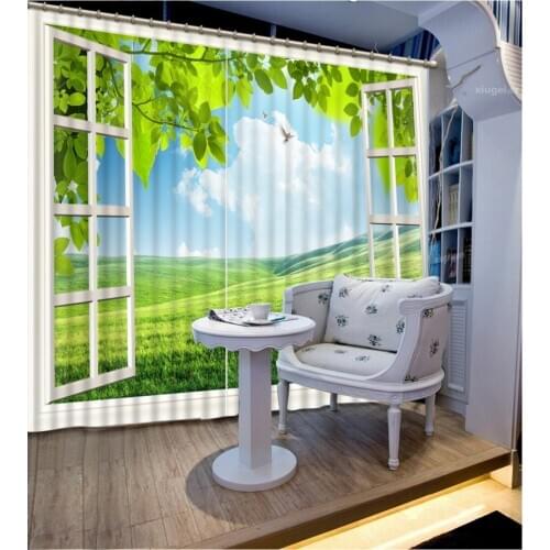 Beautiful Grassland Outside Window Scenery Beauty Digital Photo Printing Blackout 3D Curtains for Living Room Bedding Room Hotel