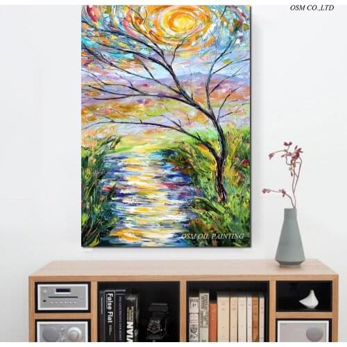Free Shipping High Quality Hand Painted Abstract Bright Colours Landscape Oil Painting On Canvas Abstract Sky And Trees Painting