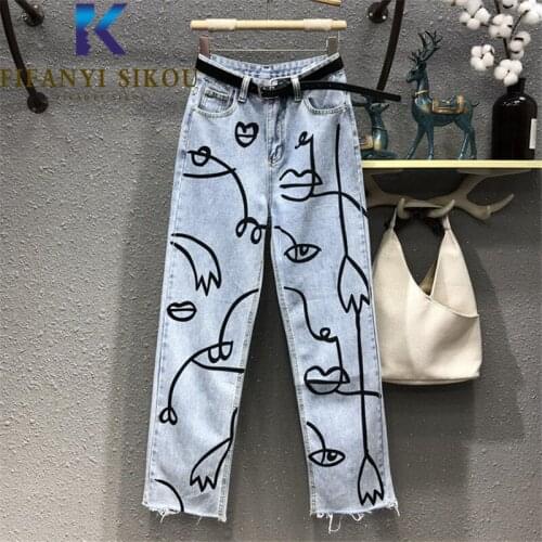 Jeans for women Streetwear Fashion Graffiti Print Jeans Pocket High Waist Washed Jeans Female 2021 Spring Loose Straight Pants