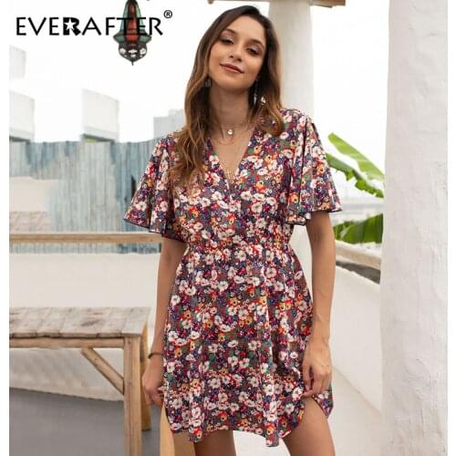 EVERAFTER Women floral print dress v-neck short sleeve elegant high waist ruffles sundress summer loose holiday beach mini dress