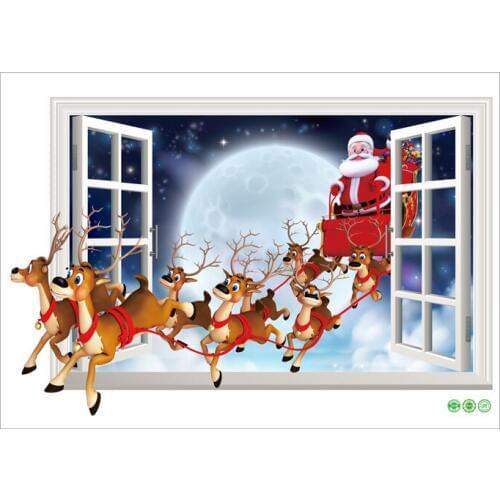 Santa Claus Reindeer Mural Christmas 3D Window Wall Sticker Christmas Wall Decal Decoration Window Decoring Remoavbel Decor Art
